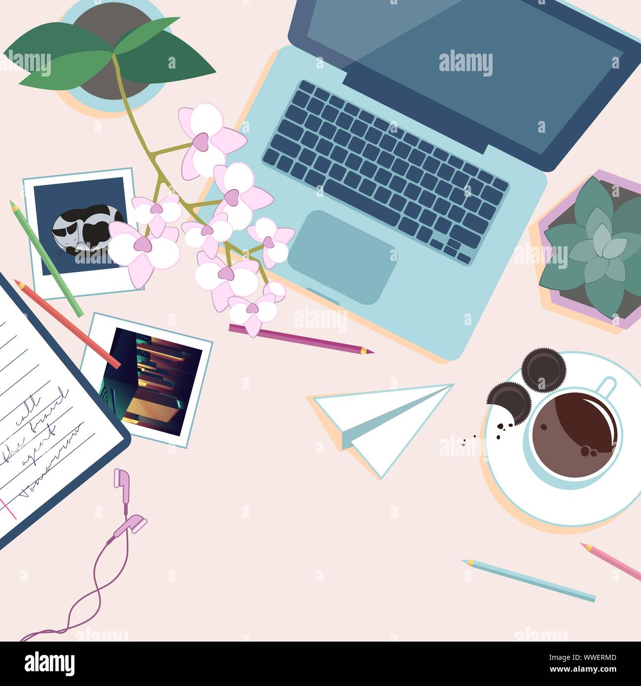 Arbeitsplatz Ansicht von oben. Schreibtisch mit Laptop, Topf Blumen, Tasse Kaffee, Bleistifte und Fotos. Vector Illustration Stock Vektor