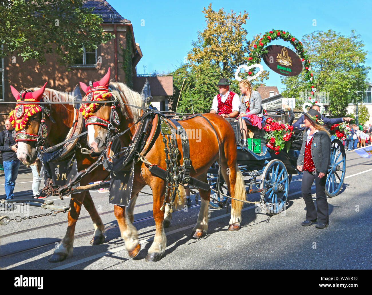 Stuttgart, Germany-September 30, 2018: Bierfest, Festzug mit Pferden Stockfoto
