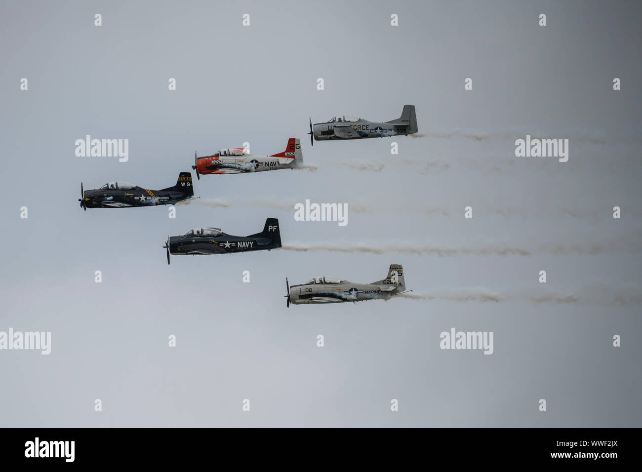 Piloten für den Trojaner Thunder T-28 Antenne Demonstration Team durchführen, während der 2019 Donner über Dover Air Show Sept. 14, 2019, in Dover Air Force Base, Del Das Team führt Antenne Demonstrationen mit rollenden Wolken von Rauch. (U.S. Air Force Foto von älteren Flieger Christopher Wachtel) Stockfoto