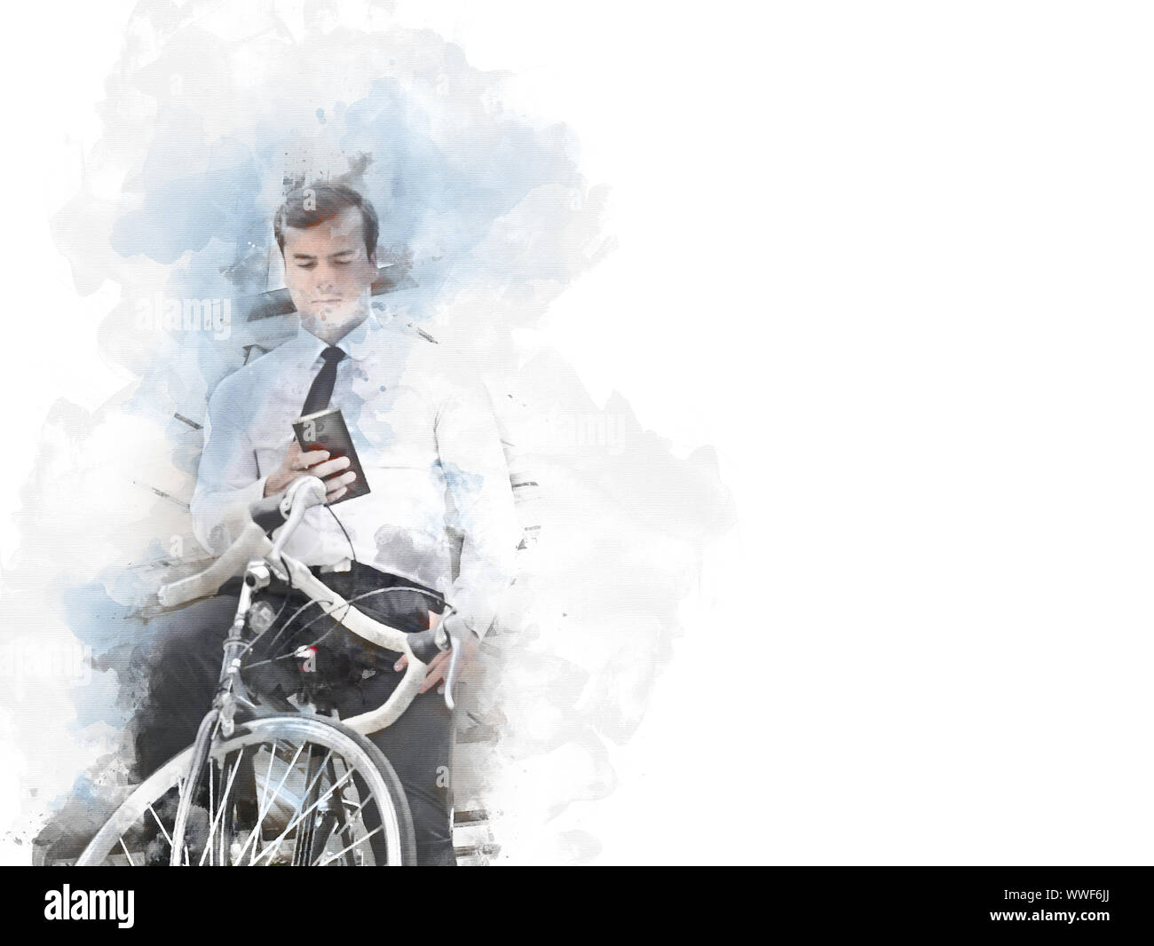 Business Mensch und Fahrrad zu Fuß auf der Straße und gehen zu den Büros Gebäude in der Stadt an der Aquarellmalerei Hintergrund. Stockfoto