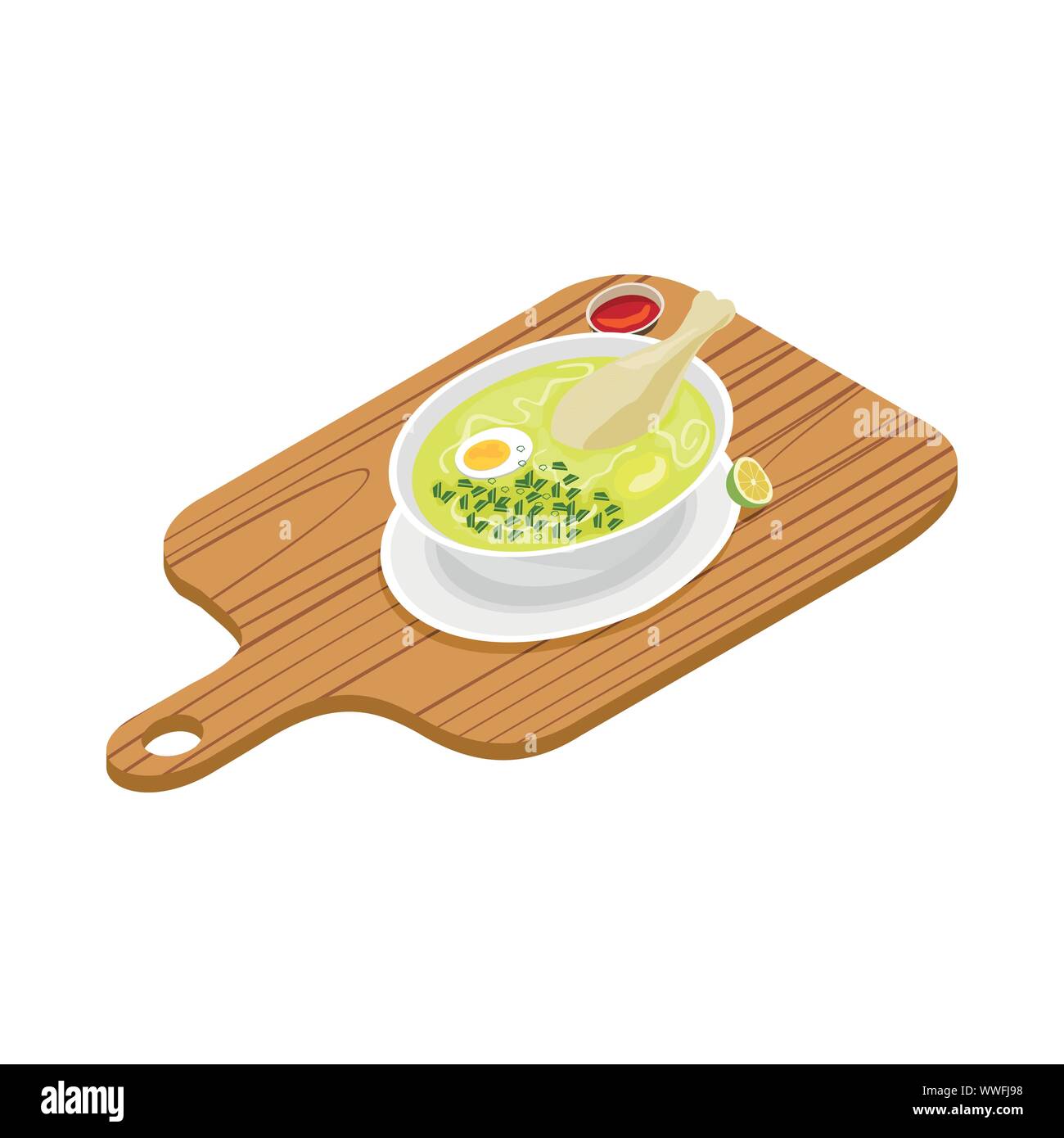 Köstliche Hühnersuppe mit potatoess, gekochtes Ei, Chinesisch Zwiebel und Chili. Vector Illustration Stock Vektor