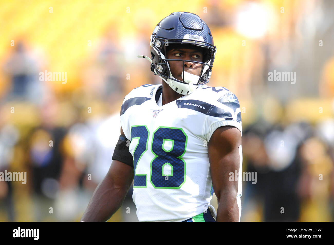 Pittsburgh, PA, USA. 15 Sep, 2019. Ugo Amadi #28 Während die Pittsburgh Steelers vs Seattle Seahawks am Heinz Feld in Pittsburgh, PA. Jason Pohuski/CSM/Alamy leben Nachrichten Stockfoto