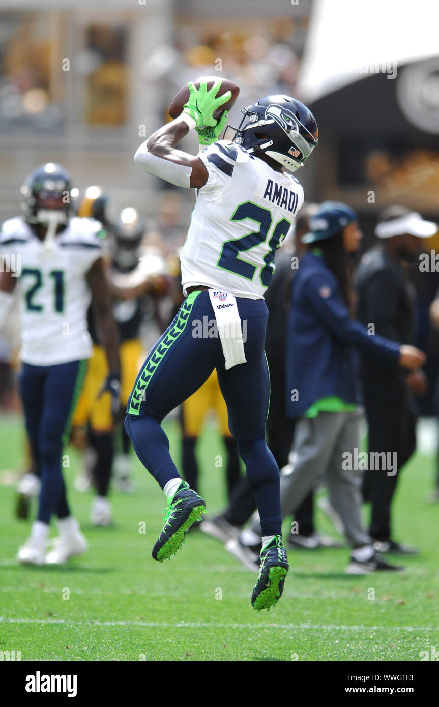 Pittsburgh, PA, USA. 15 Sep, 2019. Ugo Amadi #28 Während die Pittsburgh Steelers vs Seattle Seahawks am Heinz Feld in Pittsburgh, PA. Jason Pohuski/CSM/Alamy leben Nachrichten Stockfoto