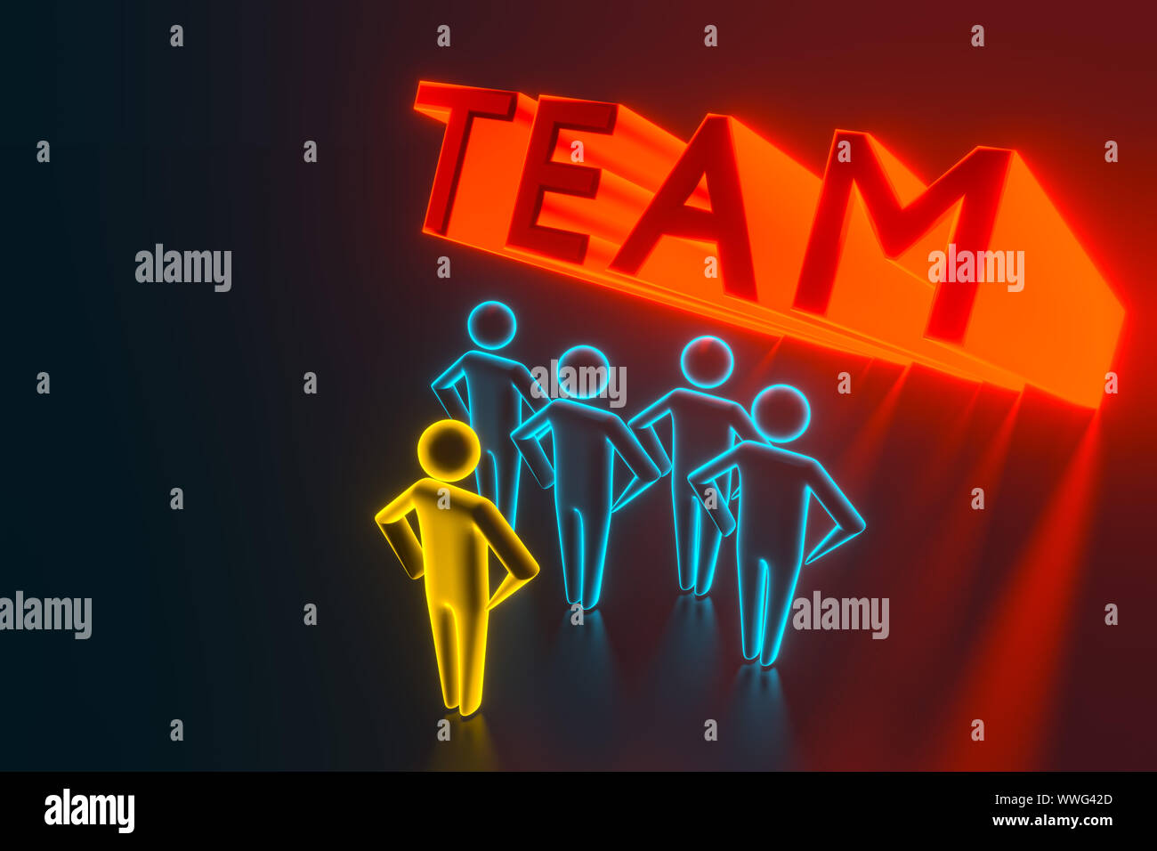 Teamarbeit. Konzeptionelle 3d-mann Abbildung. Menschen stehen neben Großbuchstaben Team. 3D-Rendering Stockfoto
