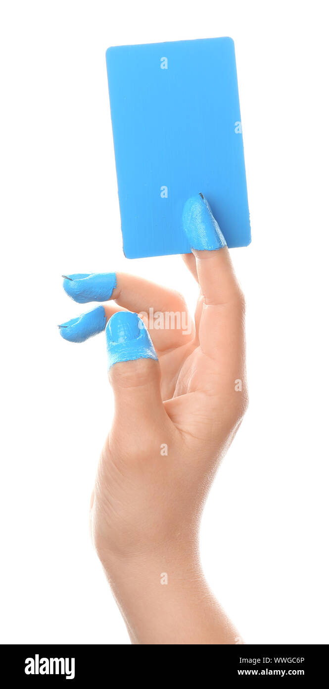 Weibliche hand mit Karte auf weißem Hintergrund gemalt Stockfoto