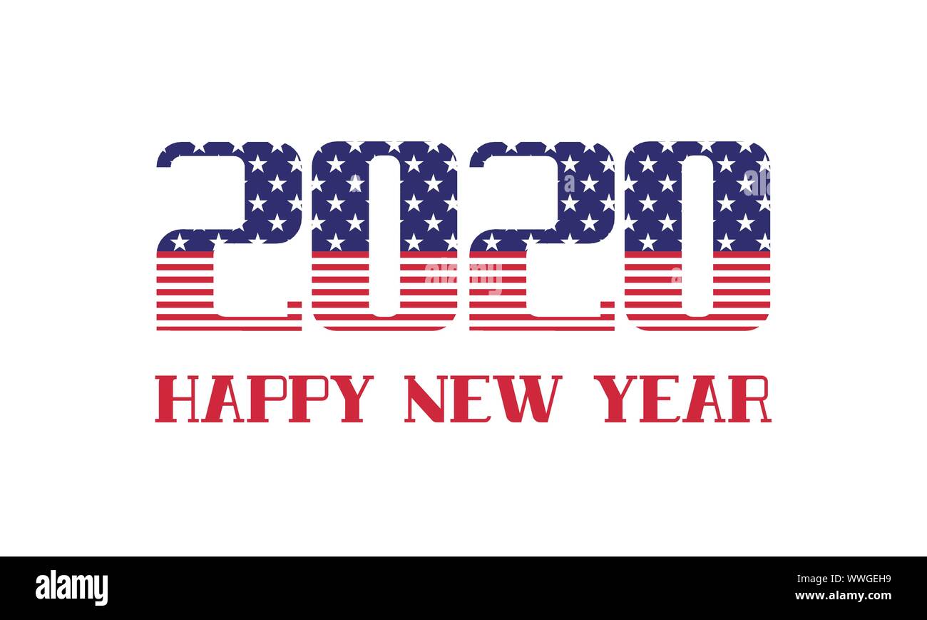 2020 Frohes neues Jahr. Vektor Grußkarte mit USA-Flagge. Double Exposure in Zahlen Stock Vektor
