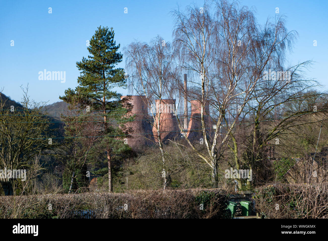 Ironbridge Kraftwerk durch die Bäume. Dieses Kohlekraftwerk ist nun abgerissen Stockfoto