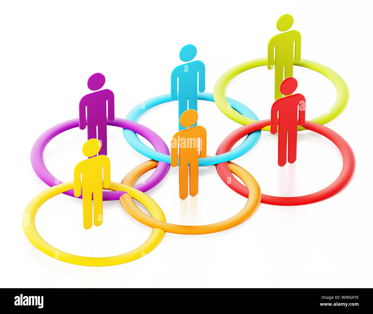 3D-Stick Figuren in bunten Kreisen. 3D-Darstellung. Stockfoto