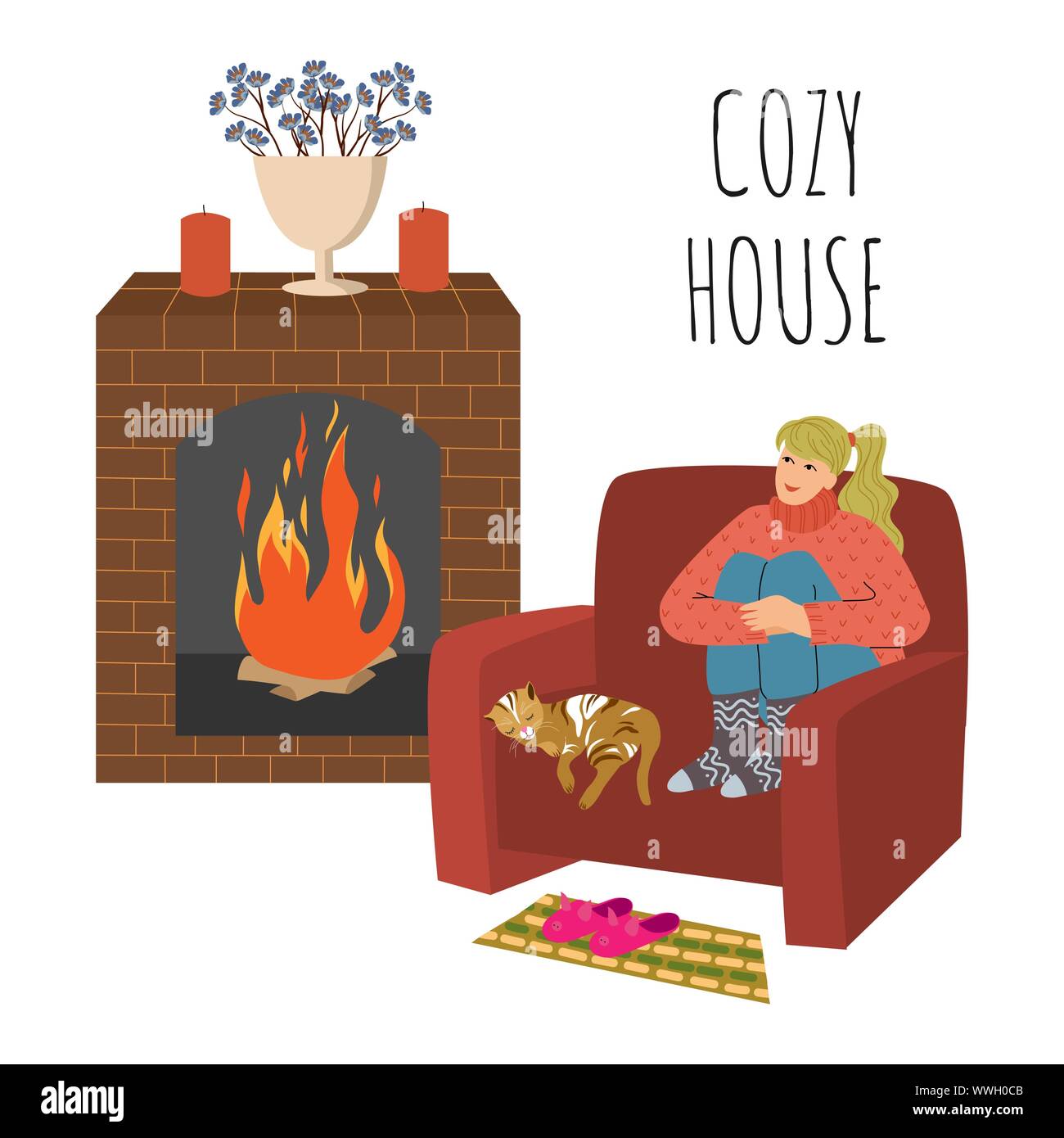 Gemütliches Haus. Das Mädchen sitzt in einem großen, komfortablen Stuhl, die Beine durch den Kamin gekreuzt. Katze schläft neben ihr. Cute flachbild Vektor Stock Vektor