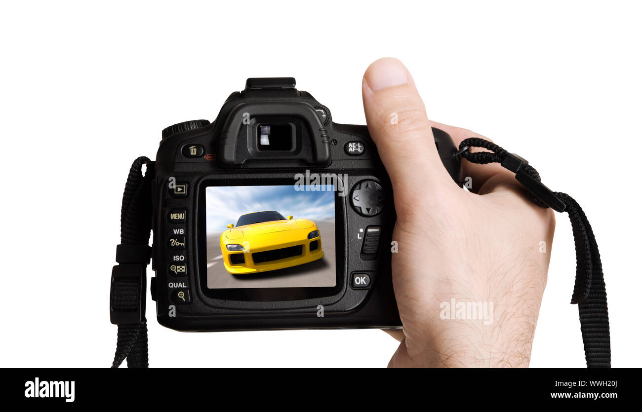 Konzept mit Digitalkamera und schnelle Sportcar (aus meiner Bilder gemacht). Stockfoto