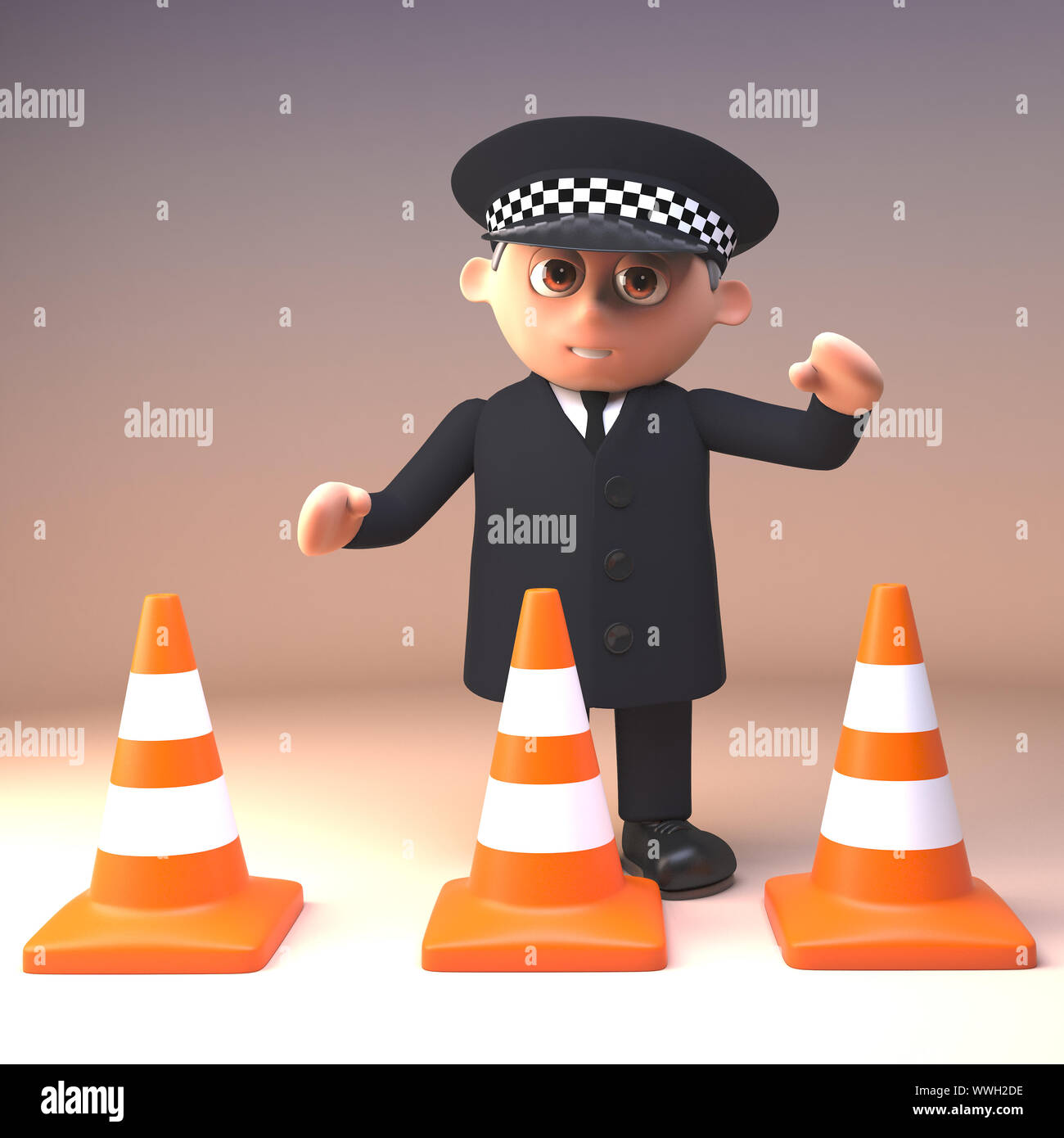 Lustige cartoon 3d-Polizist Charakter in Polizeiuniform steht hinter einer Reihe von Baustellen Leitkegel, 3d-Grafik rendern Stockfoto