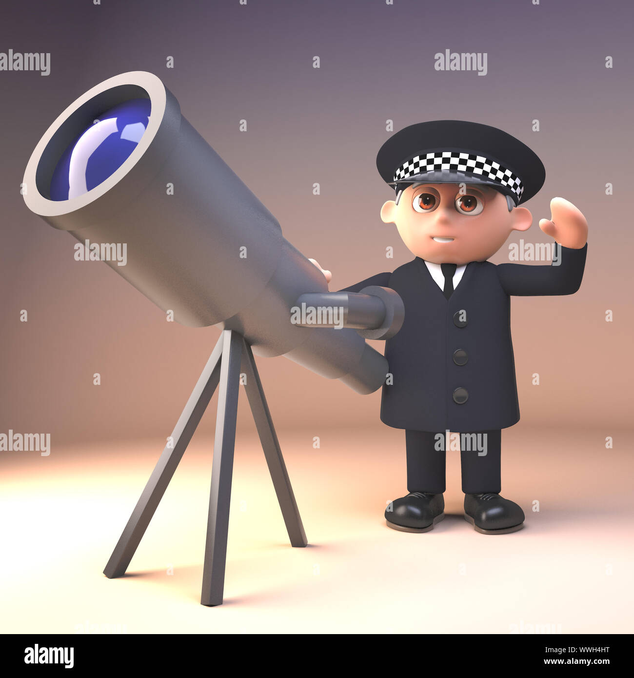 3d cartoon Polizist Charakter in Polizeiuniform neben einer Überwachung Teleskop, 3d-Grafik rendern Stockfoto