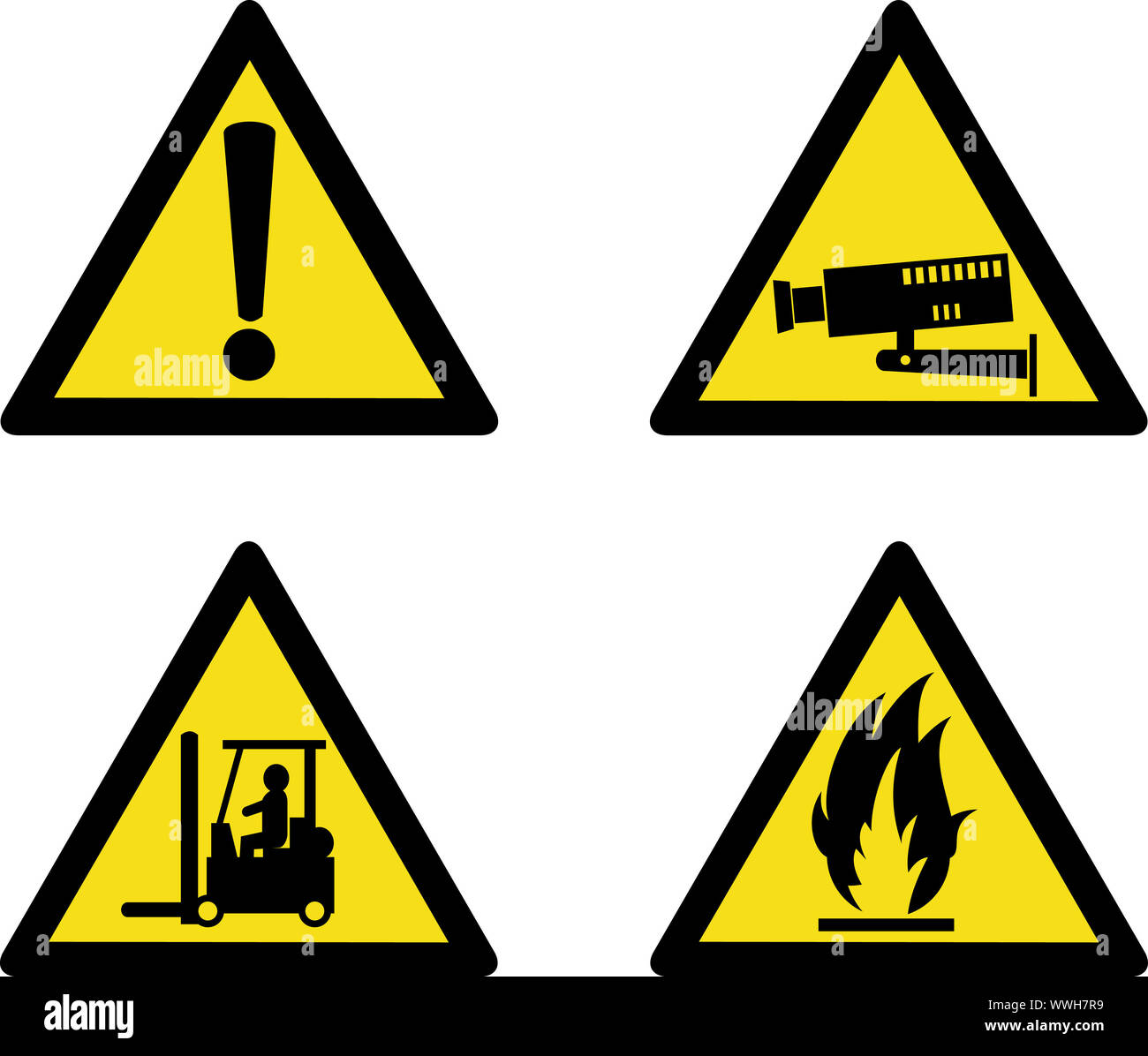 Illustration der Arbeitsplatz Anzeichen Warnung, Vorsicht, Überwachungskamera, Gabelstapler LKW Betrieb und entzündlich auf weißen Hintergrund isoliert Stockfoto