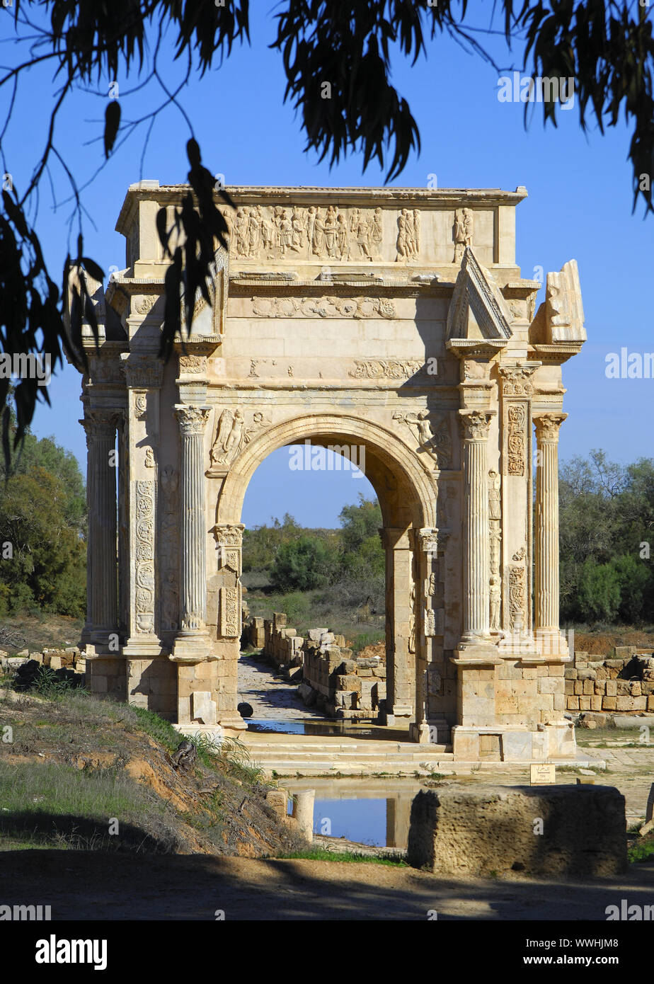 Arc de Triomphe, Leptis Magna, Libyen Stockfoto