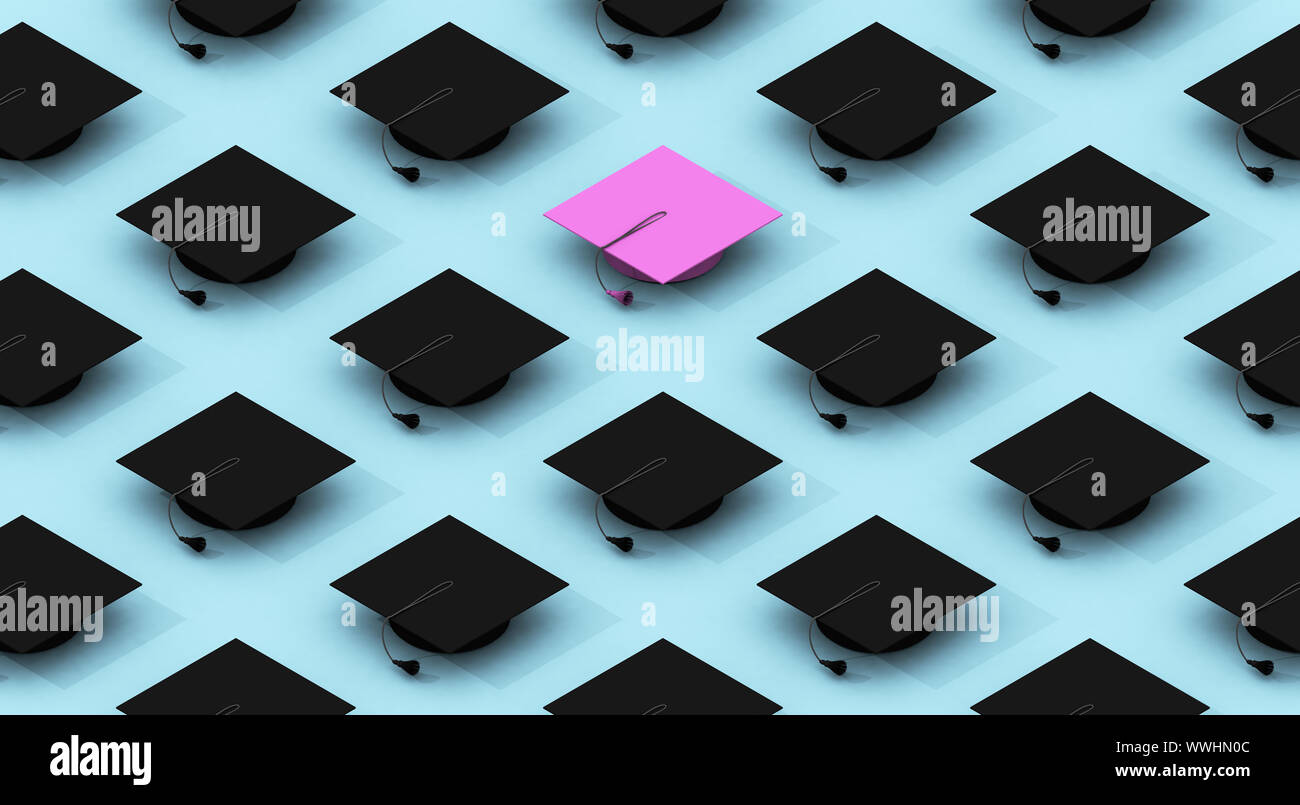 Minimalistische Komposition Muster mit schwarzen Graduation Caps auf blauem Hintergrund mit einem rosa Skalenhaube Differenzierung, die sich unterscheidet. Stockfoto