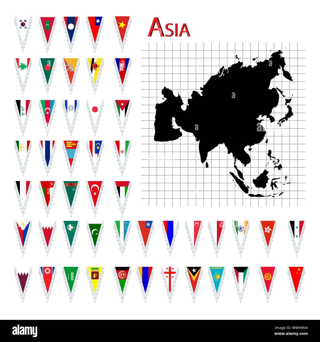 Vollständiger Satz von Asien Flaggen und Karte, isoliert und gruppierte Objekte auf weißem Hintergrund Stockfoto