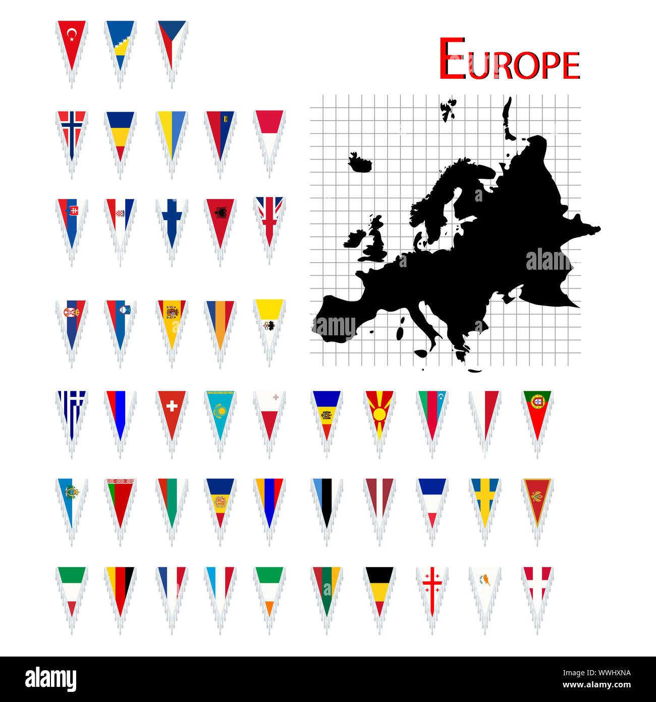 Vollständiger Satz von Europa Flaggen und Karte, isoliert und gruppierte Objekte auf weißem Hintergrund Stockfoto