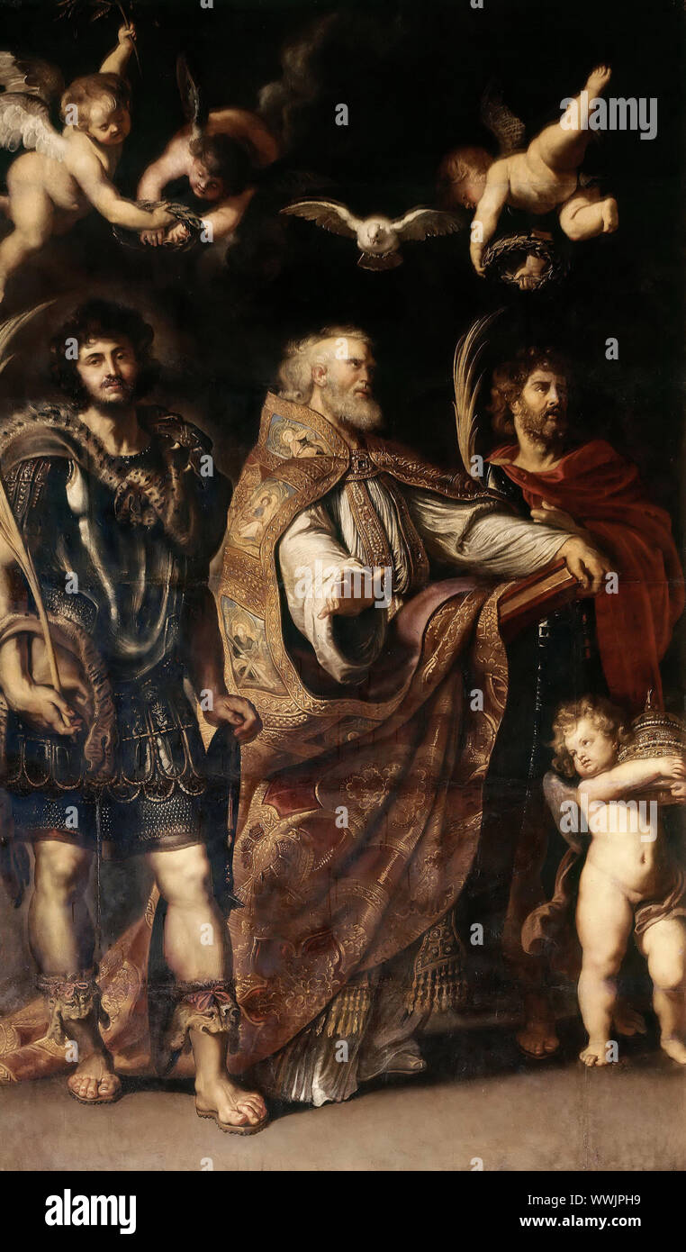 Die Heiligen Gregor I, Maurus und Papias, 1608. In der Sammlung der Chiesa Nuova, Roma gefunden. Stockfoto