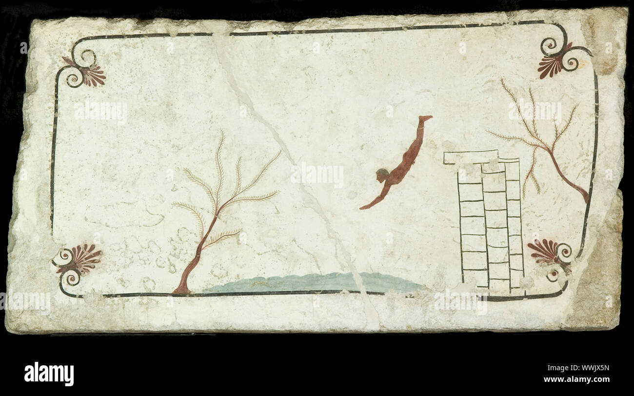 Der Taucher. Grab des Tauchers (Tomba del Tuffatore), ca 470 v. Chr.. In der Sammlung des Museo Archeologico Nazionale di Paestum gefunden. Stockfoto
