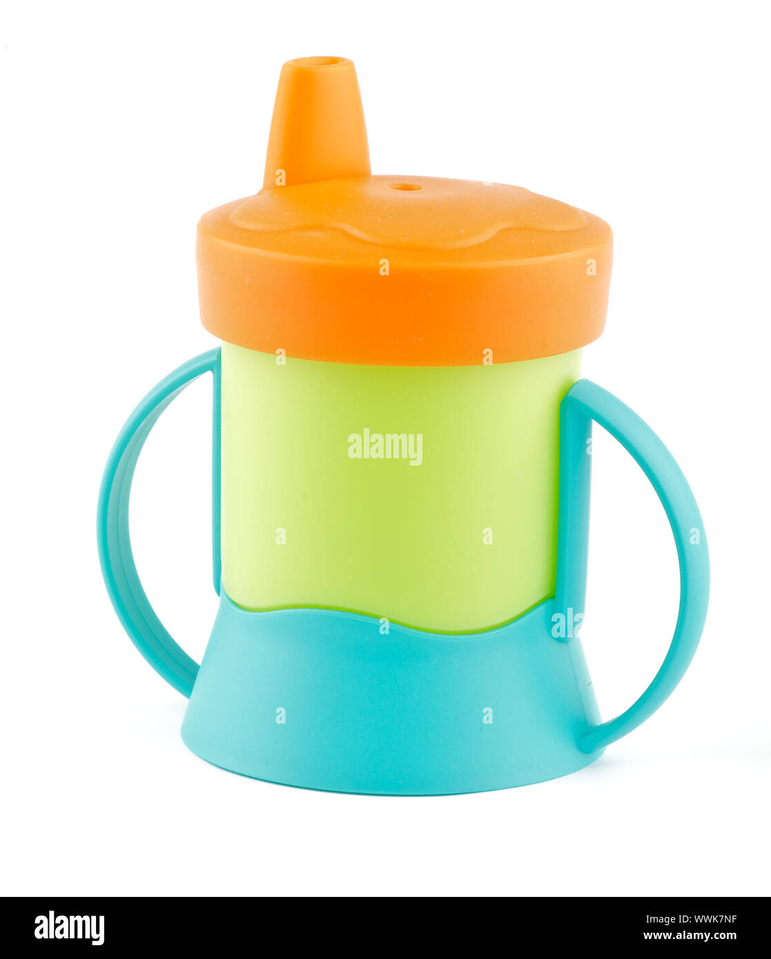 Mehrfarbige Baby Flasche isoliert auf weißem Hintergrund Stockfoto