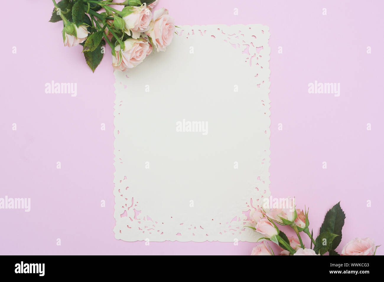 Leere mock up white Vintage ornament Blatt Papier und Knospen der Rosen, festliche Pastell rosa Hintergrund, kopieren Raum Stockfoto