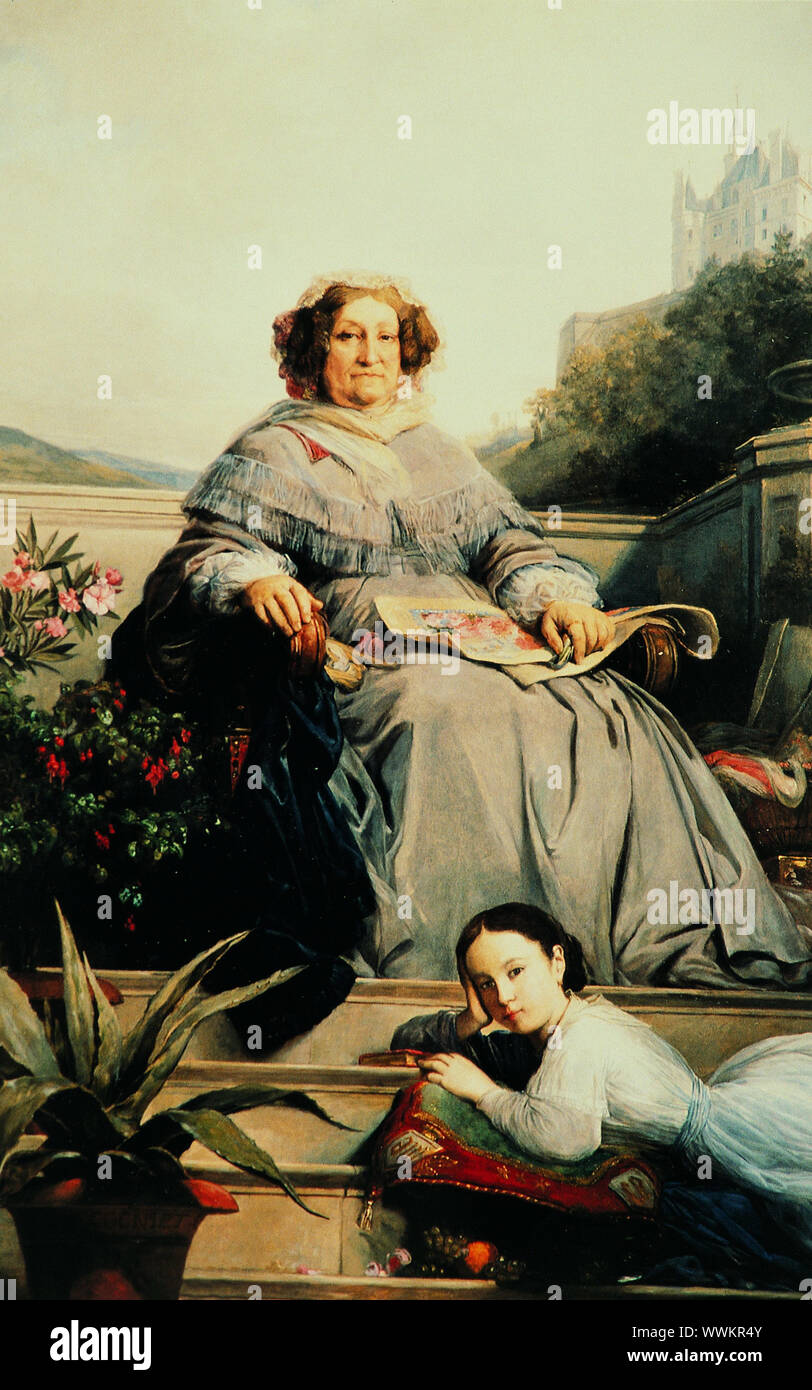 Porträt der Madame Clicquot, n&#xe9;e Ponsardin (1777-1866) mit ihrer Tochter, zwischen 1851 und 1860. In der Sammlung der Ch Gefunden&#xe2; Château de Boursault. Stockfoto
