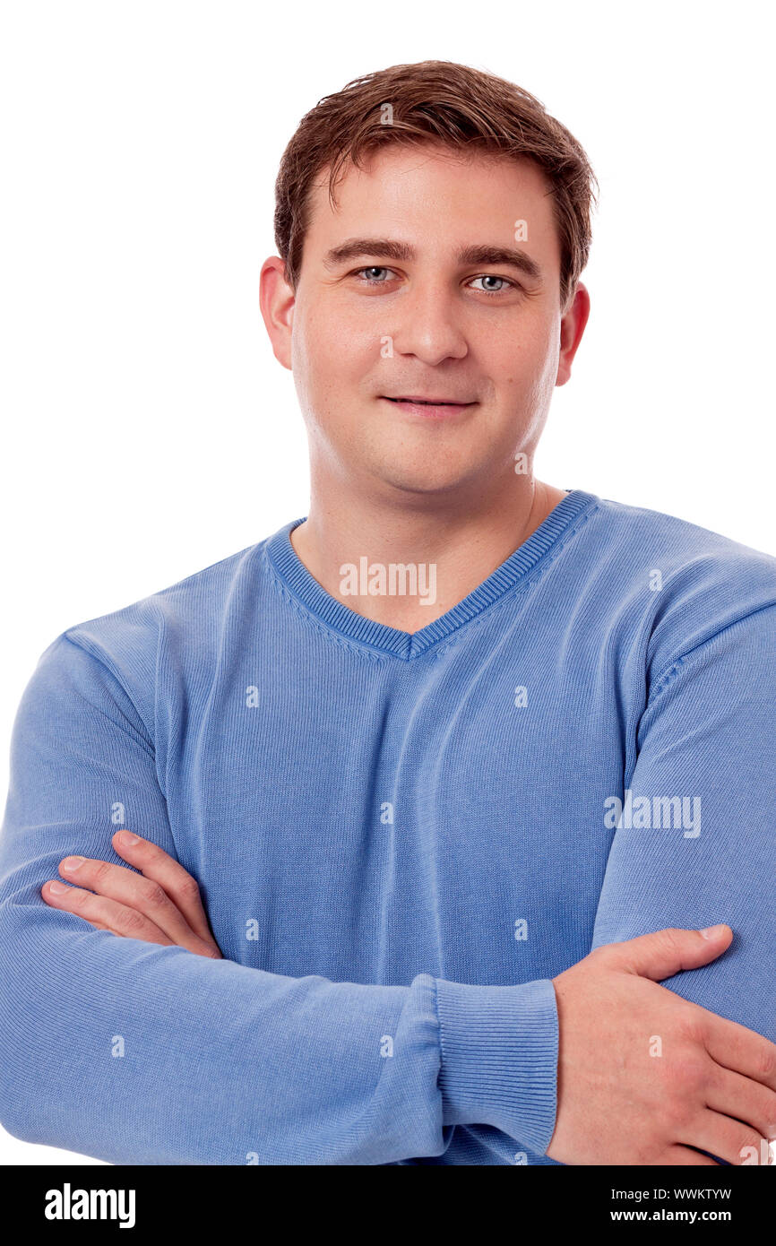 Junger Mann mit blauen pullover Profil isoliert Stockfoto