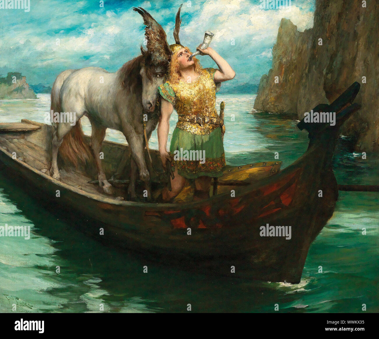 Siegfried's Reise an den Rhein. Der Götterdämmerung. Sänger Hubert Leuer als Siegfried, 1908. Private Sammlung. Stockfoto