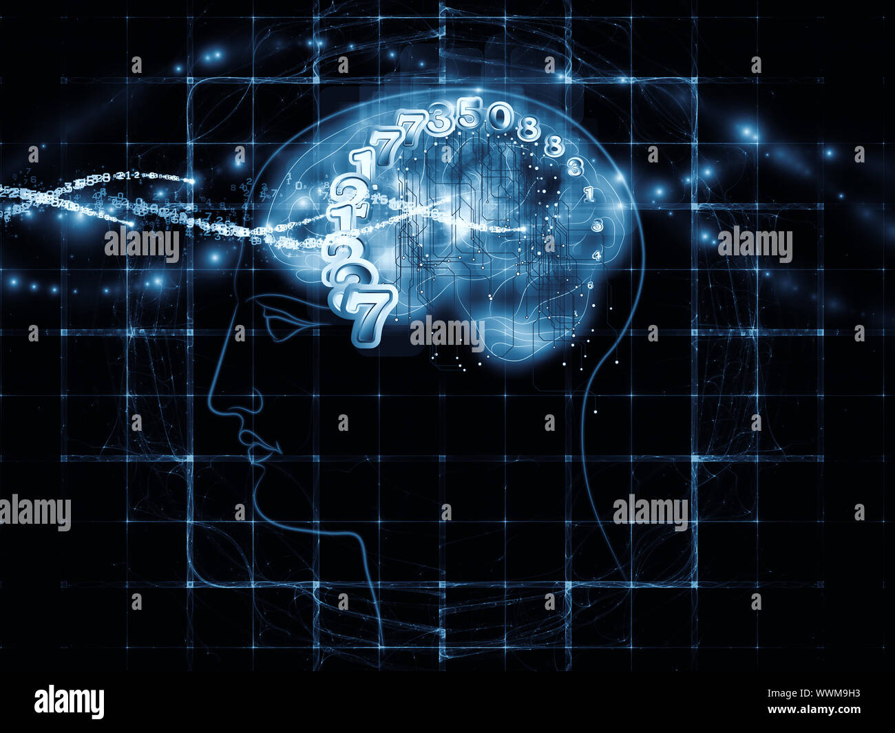 Zusammenspiel von menschlichen Kopf skizziert, die Lichter, die Zahlen und die Entwicklung des abstrakten Elemente zu den Themen der modernen Technik, digitale Revolution, wissenschaftliche. Stockfoto
