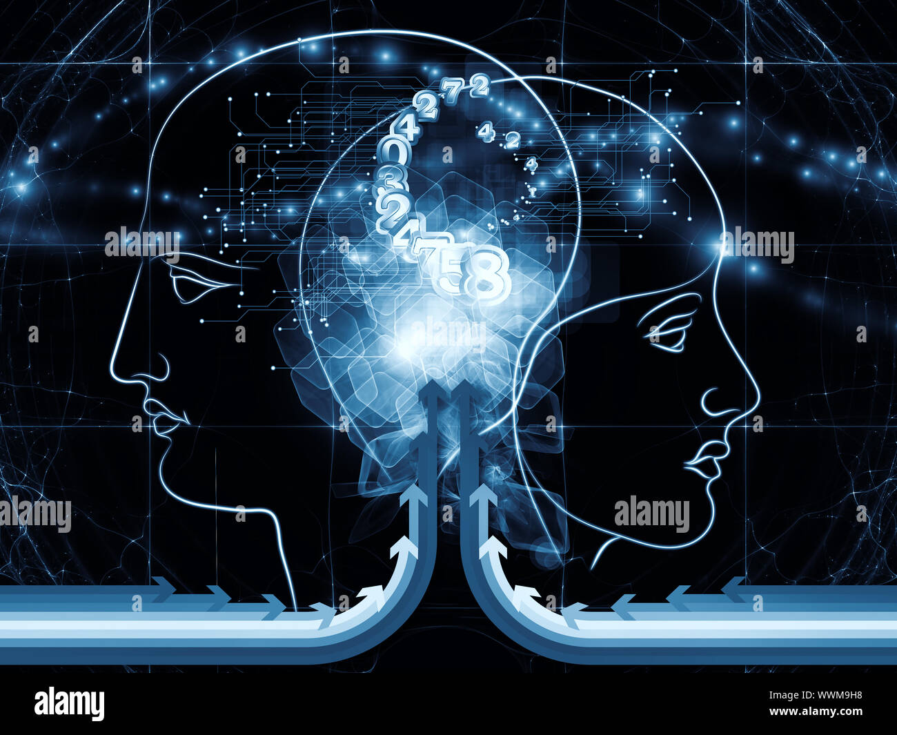 Zusammensetzung des menschlichen Kopfes skizziert, die Lichter, die Zahlen und die Entwicklung des abstrakten Elementen als Begriff Metapher für moderne Technik, digitale Revolution, sci Stockfoto