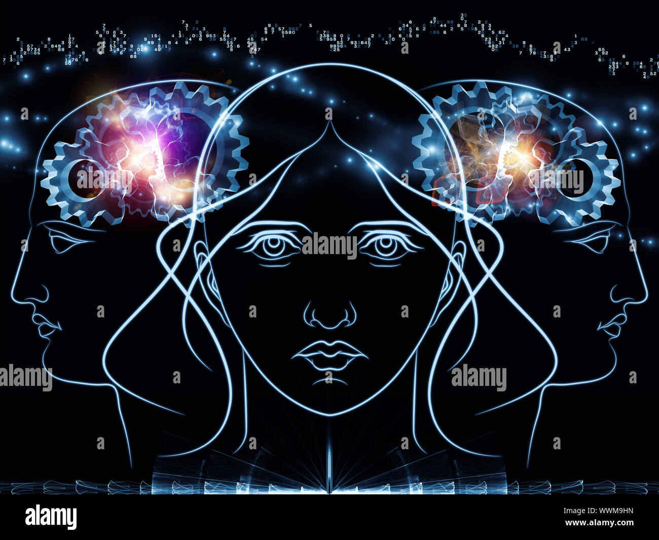 Zusammenspiel von menschlichen Kopf skizziert, die Lichter, die Zahlen und die Entwicklung des abstrakten Elemente zu den Themen der modernen Technik, digitale Revolution, wissenschaftliche. Stockfoto