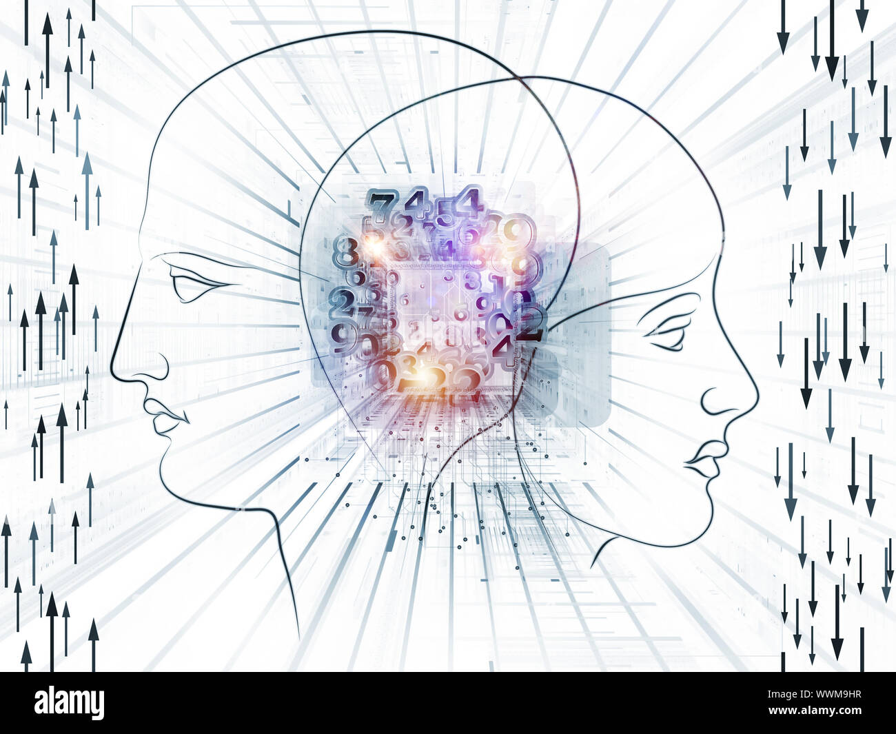 Zusammenspiel von menschlichen Kopf skizziert, die Lichter, die Zahlen und die Entwicklung des abstrakten Elemente zu den Themen der modernen Technik, digitale Revolution, wissenschaftliche. Stockfoto