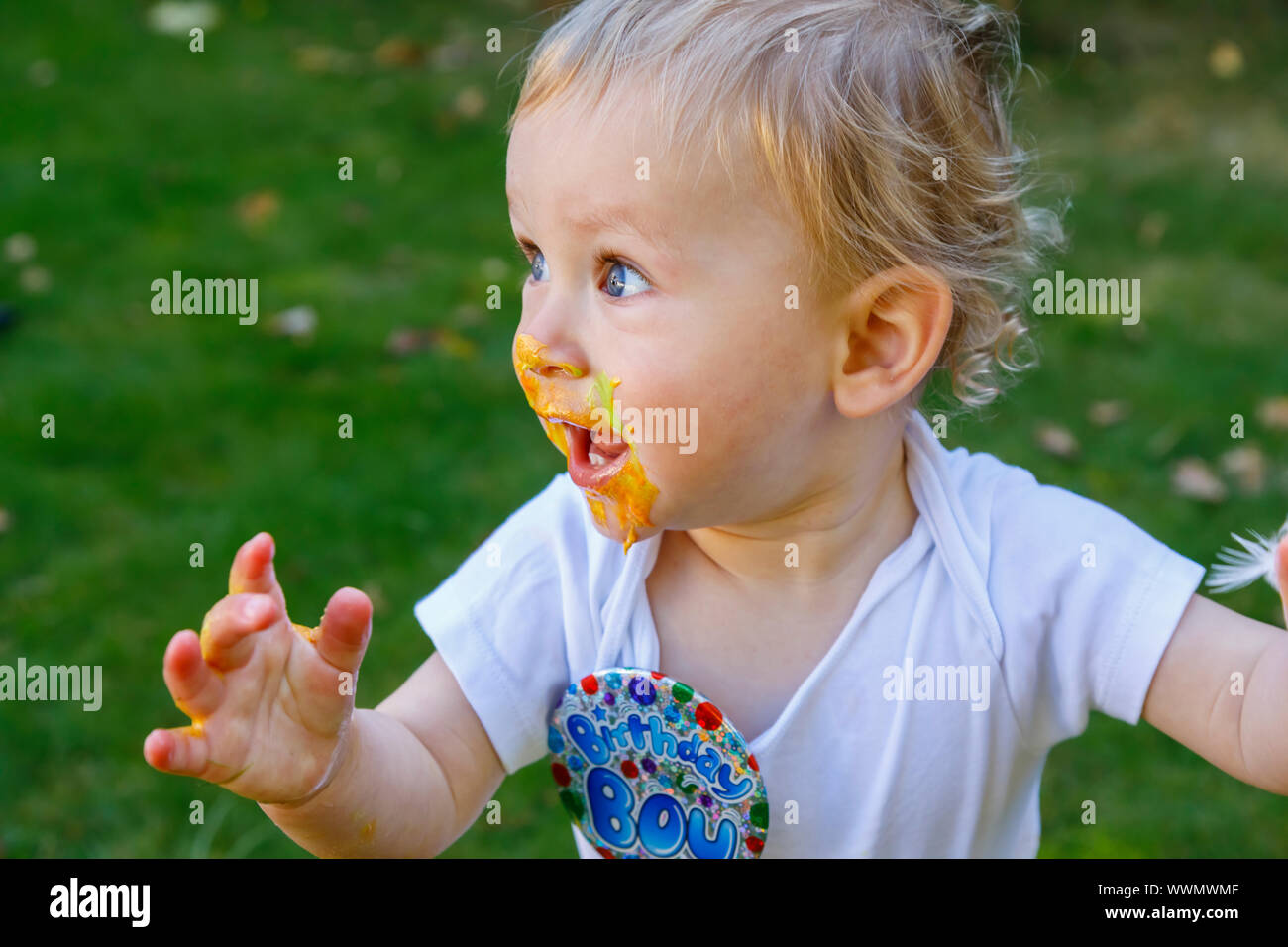 Ein Adorable Baby Boy Geniesst Seinen Ersten Geburtstag Feiern Auf Einer Party Mit Einem Kuchen Smash Eines Bunten Iced Kuchen Draussen Im Garten Stockfotografie Alamy