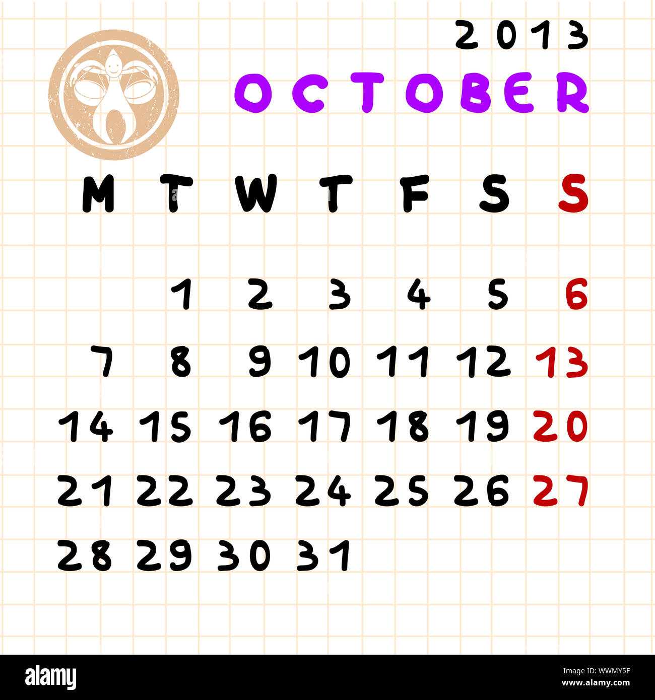 2013 Monatskalender Oktober mit Waage Sternzeichen Stempel Stockfoto