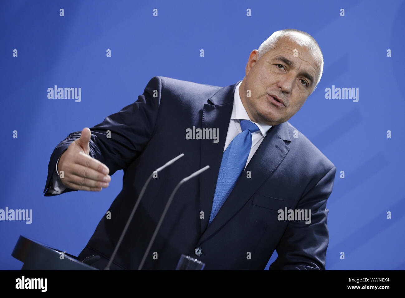 PM Bojko Borissow von Bulgarien und Merkel der Deutschen an der Presse in Berlin. Stockfoto