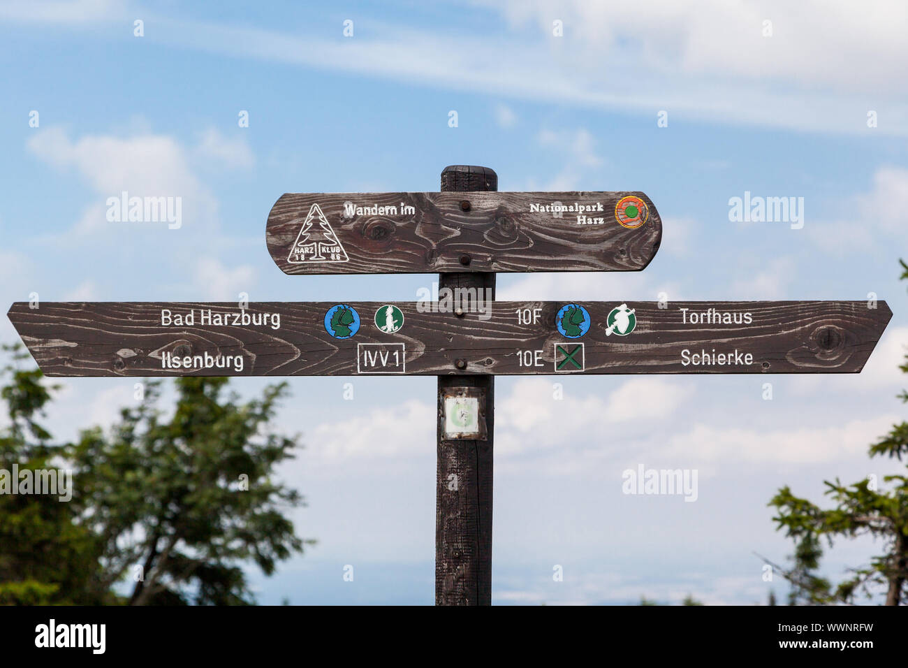 Wegweiser Wandern im Nationalpark Harz Stockfoto