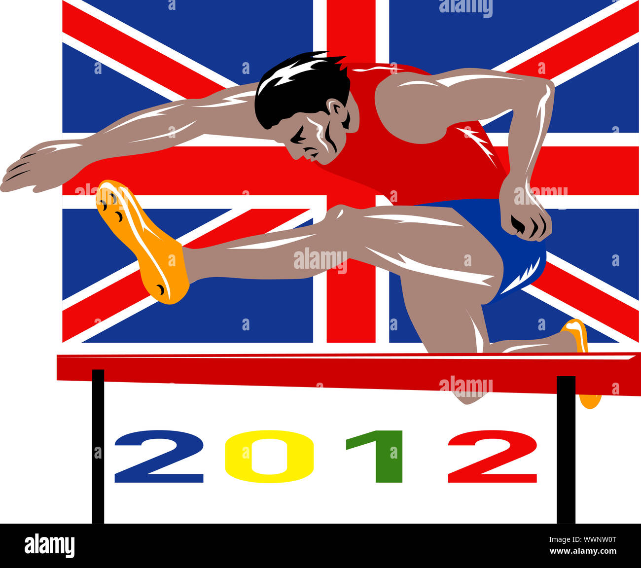 Abbildung eines Sportlers Hürden mit Worten spielen 2012 und Union Jack britische britische Flagge im retro-Stil gemacht. Stockfoto
