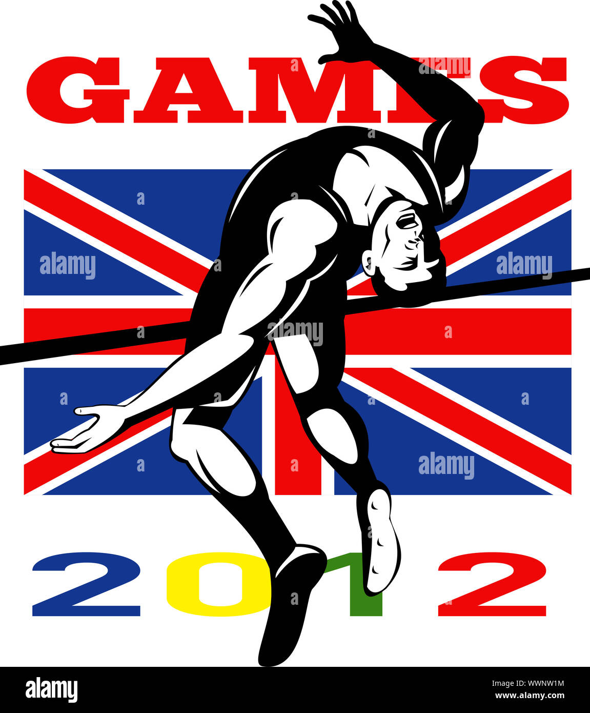 Außenillustration ein Athlet Hochsprung springen mit Wörtern spielen 2012 und Union Jack britische britische Flagge im retro-Stil gemacht. Stockfoto