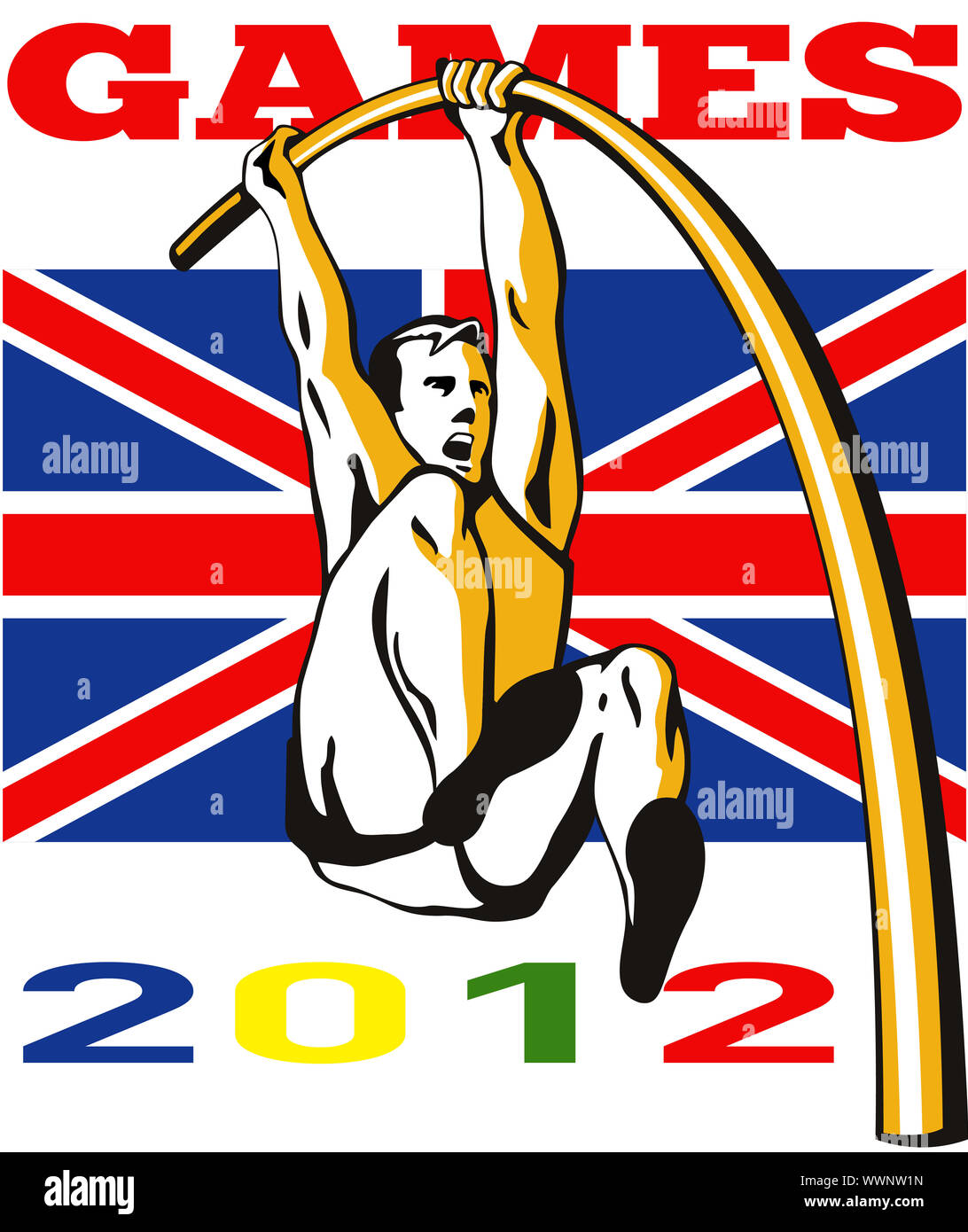 Abbildung ein Athlet Stabhochsprung Hochsprung springen mit Wörtern spielen 2012 und Union Jack britische britische Flagge im retro-Stil gemacht. Stockfoto