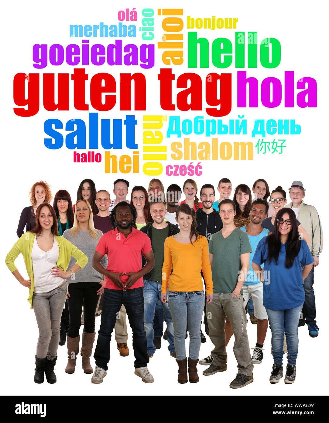 Multikulturelle große Menschen Gruppe junge Leute sagen Hallo oder Guten Tag Stockfoto