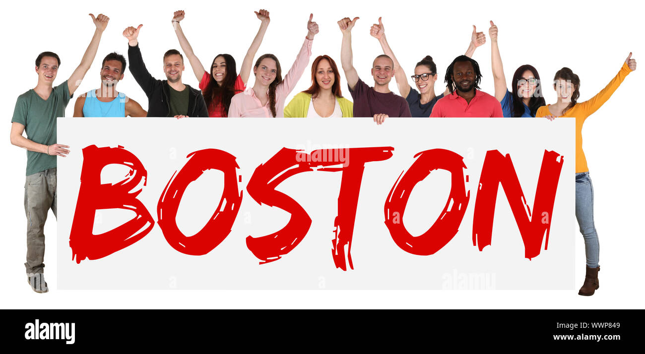 Boston Zeichen multikulturellen Gruppe Lachen junge Leute zum Lachen Stockfoto