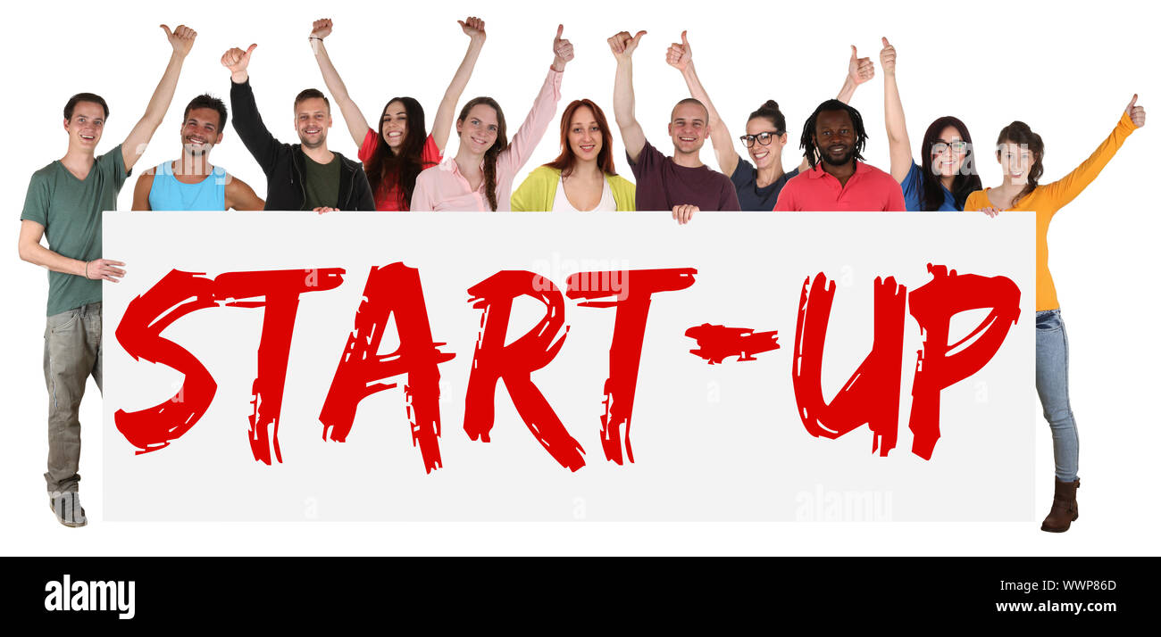 Start-up Startup Zeichen multikulturellen Gruppe Lachen junge Menschen Menschen Stockfoto