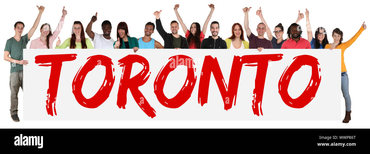 Toronto multikulturelle Gruppe junge Menschen Menschen Menschen halten Schild Stockfoto
