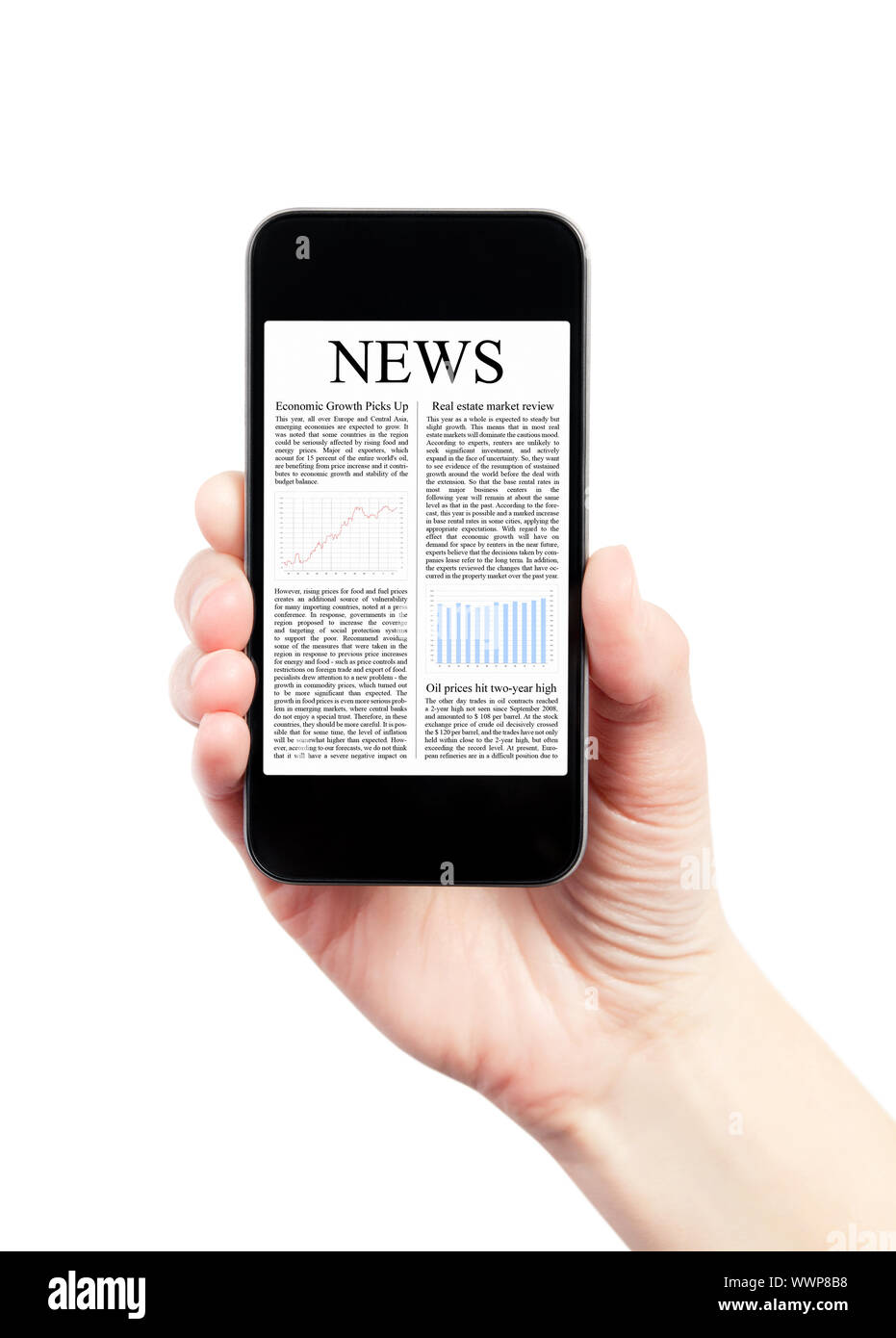 Hand, die mobile Smartphone mit News-Artikel auf dem Bildschirm. Isoliert auf weiss. Stockfoto