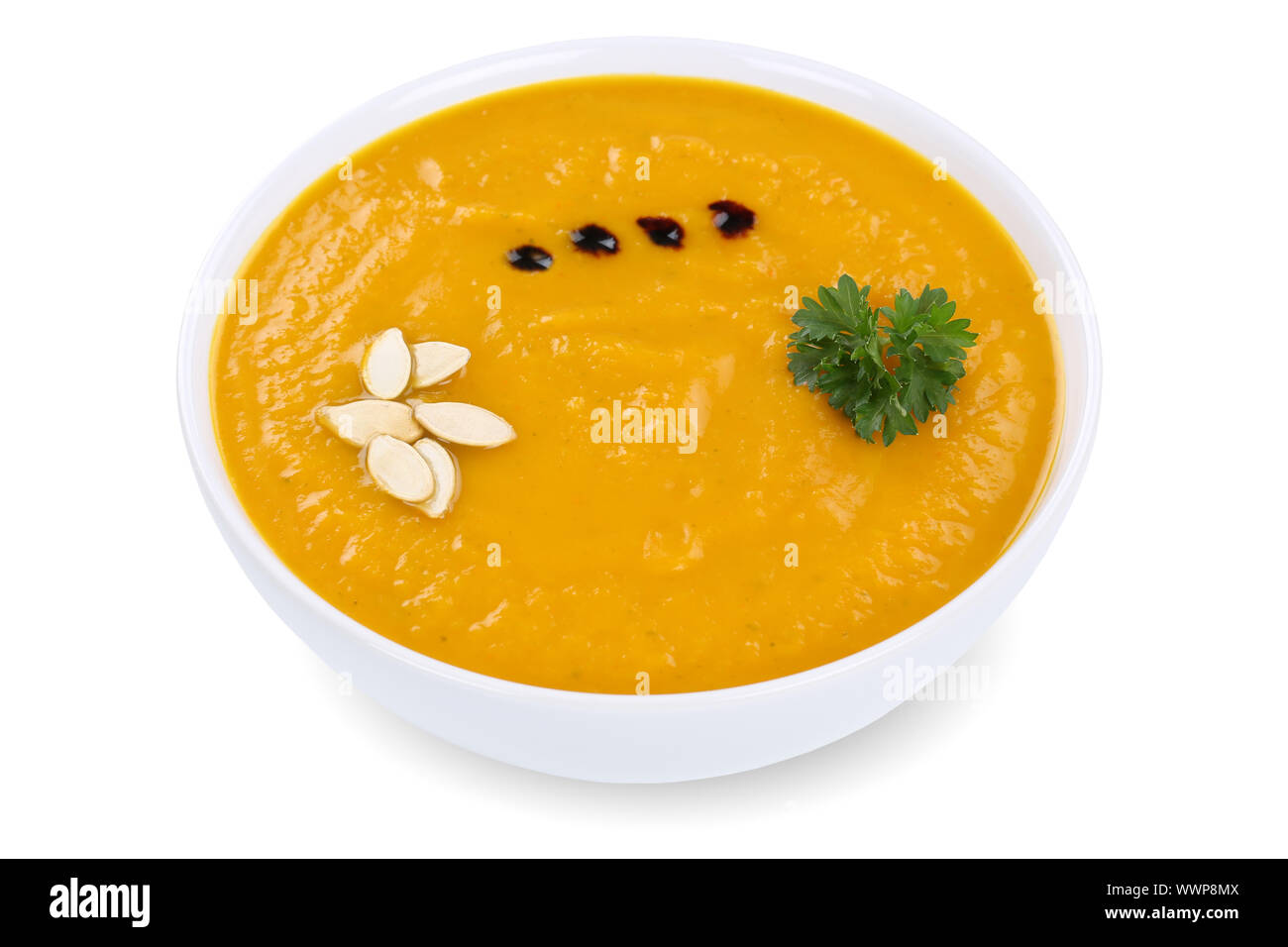 Kürbissuppe Kürbissuppe Kürbis Creme Suppe in Suppenteller Freisteller Stockfoto