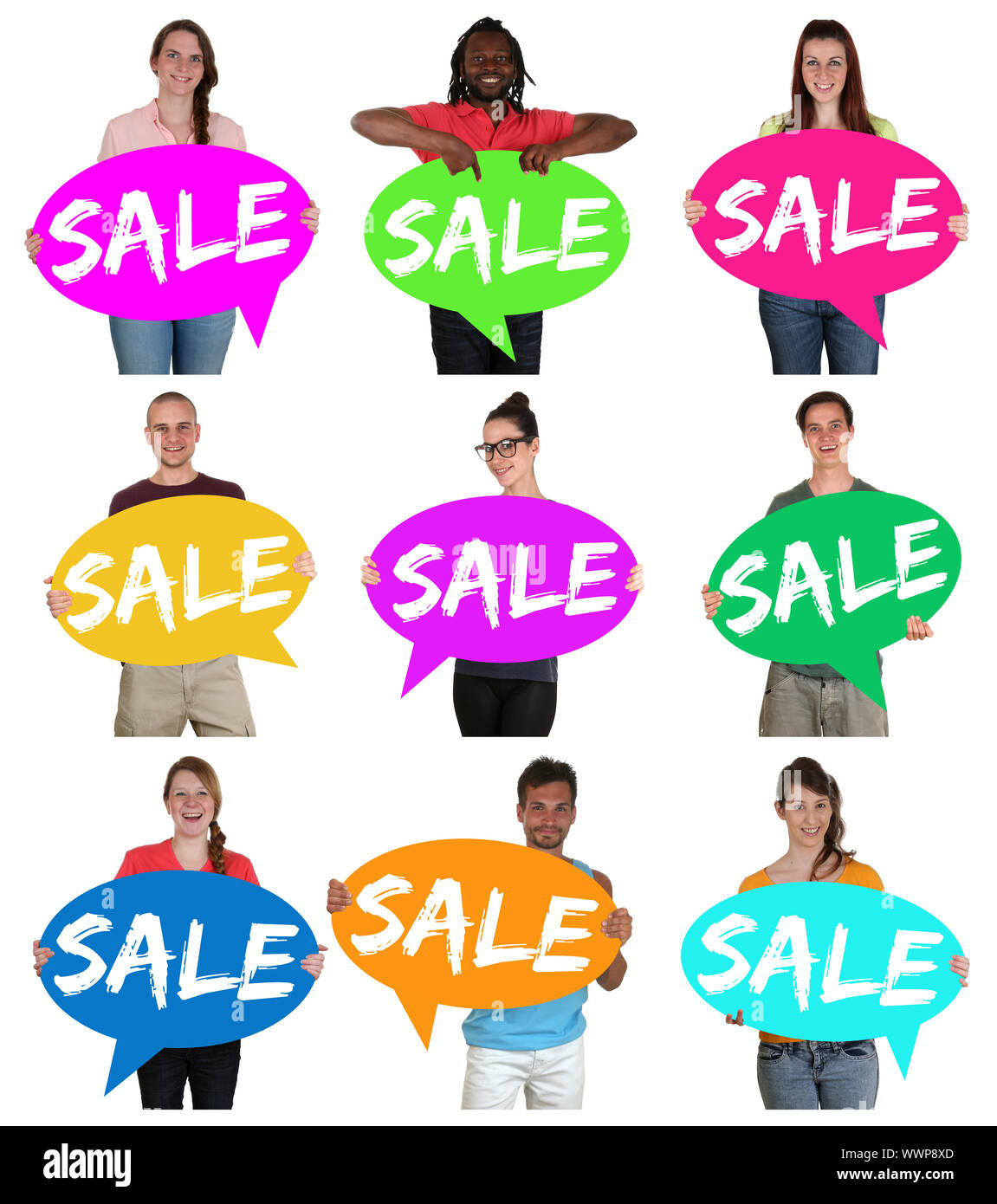 Verkauf Angebot Einkaufen Verkaufen Einkaufen Gruppe Jugendliche Sprechblasen halten Stockfoto