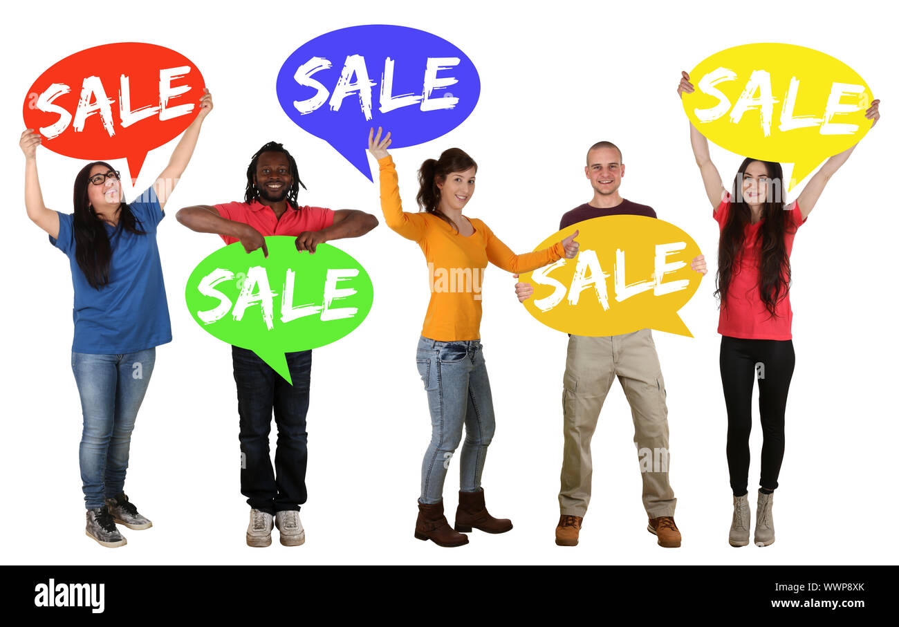 Verkauf Angebot Shopping Ausverkauf Gruppe junge Menschen Menschen Sprechblasen Halten Stockfoto