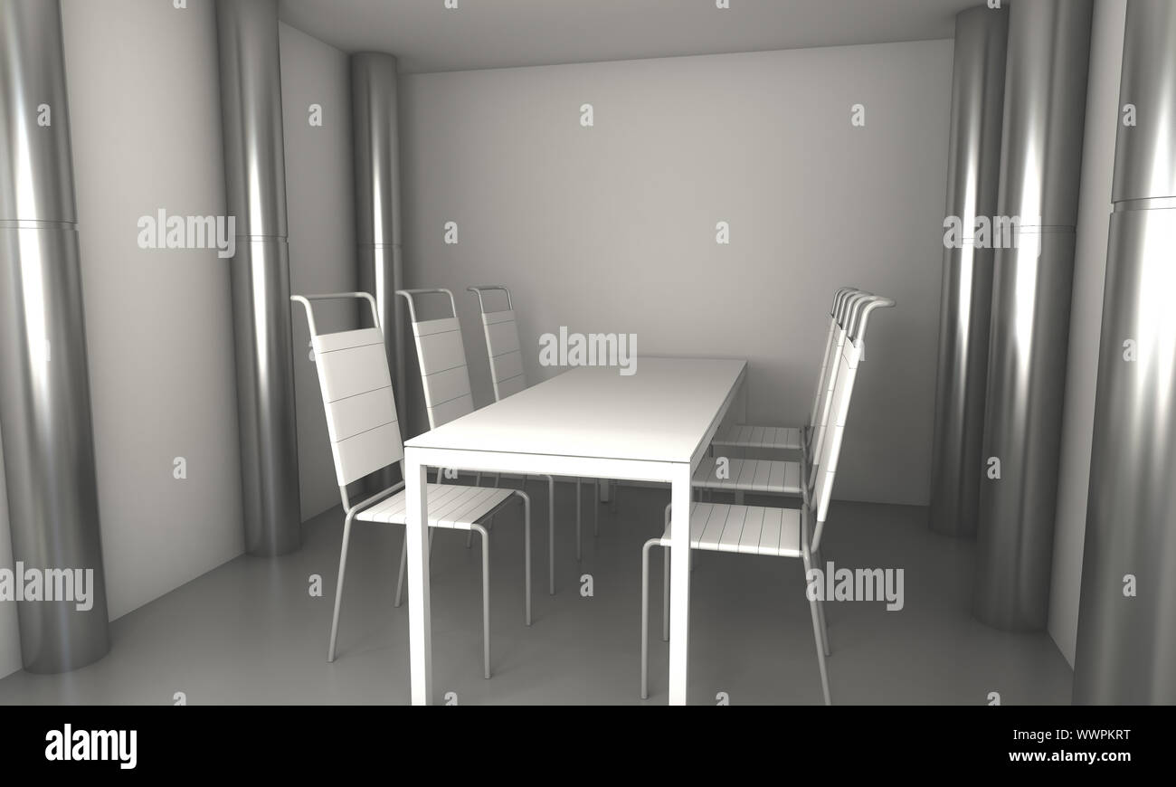 3D-Rendering, Arbeitsplatz. Modernes Büro, Innentreppen, saubere Unterkunft in Geschäftshaus Stockfoto