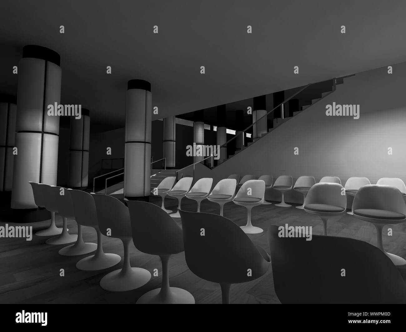 Wartezimmer mit Stühlen im Krankenhaus, Reinraum mit Formen in 3d, Geschäftsflächen und Arbeit Stockfoto