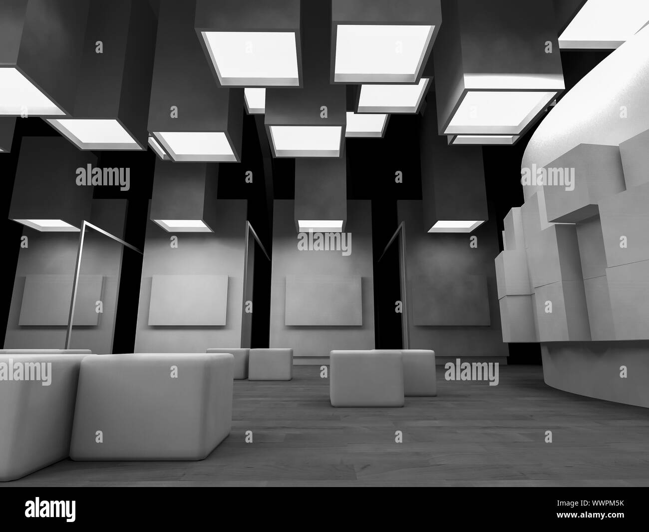 Sitzgelegenheiten, offener Raum, sauberes Zimmer mit Formen in 3d, Geschäftsflächen und arbeiten Stockfoto